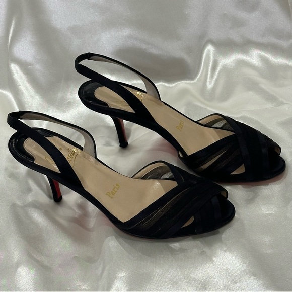 Christian Louboutin Black Peep Toe Sling Back Heels Chiffon Satin Size 6/36 Chic - Picture 5 of 13